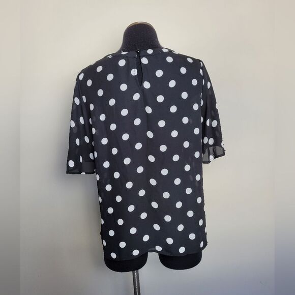 A.U.W. Polka Dot Blouse Black White Strappy Flounce Sleeve Teacher Office Medium - Picture 4 of 11